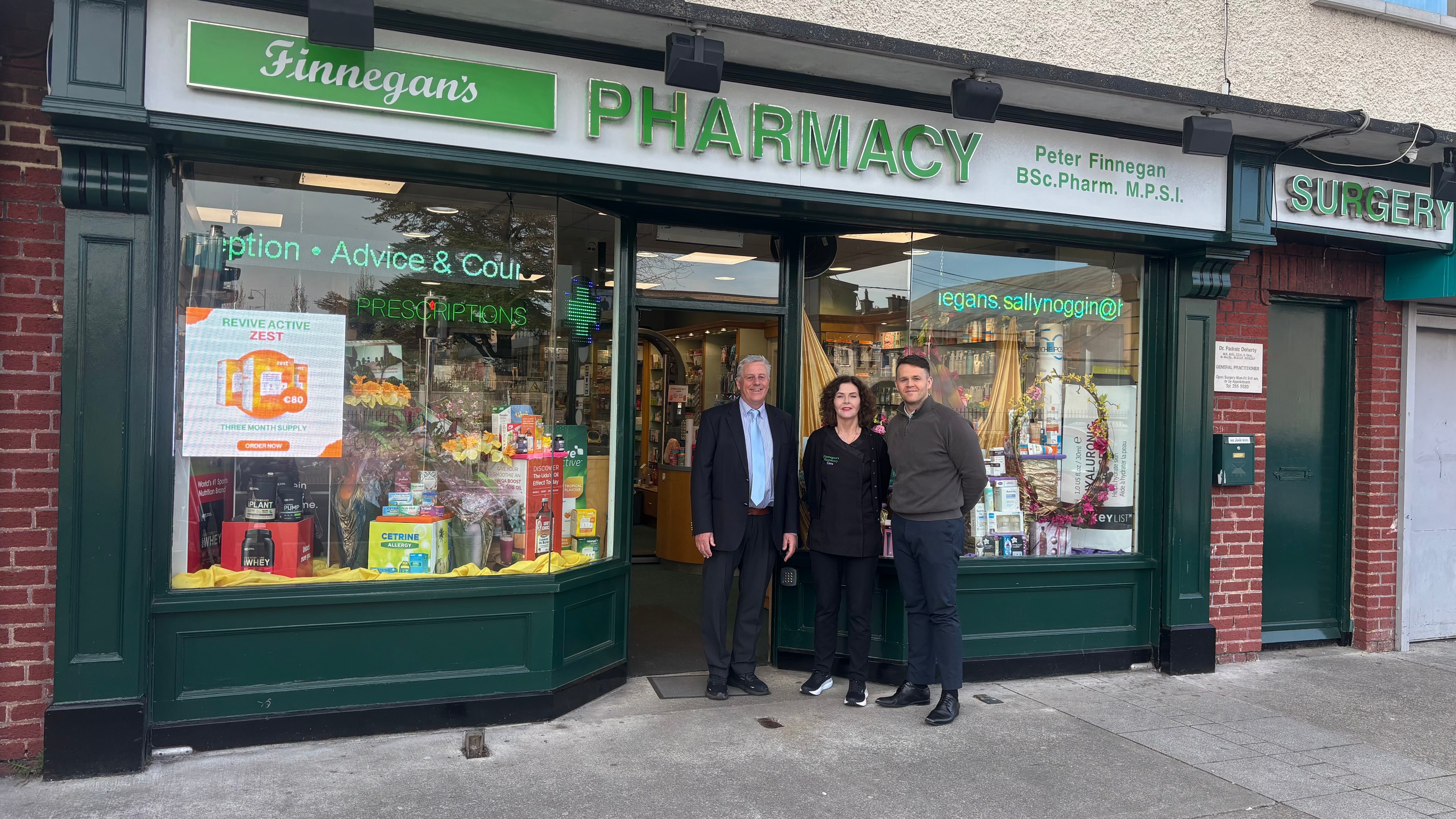 Kevin with the Finnegan's Pharmacy team outside the Sallynoggin shopfront